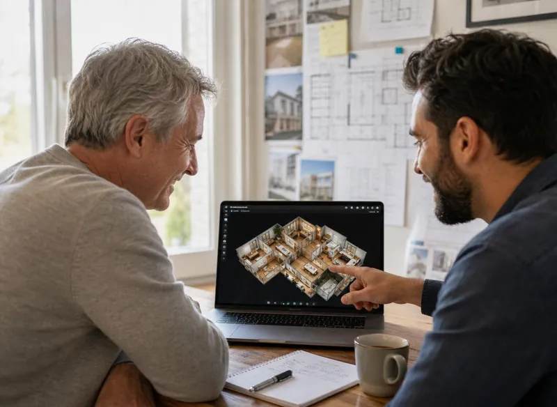 Zwei Männer im Beratungsgespräch vor einem 3D-Gebäudemodell auf dem Laptop