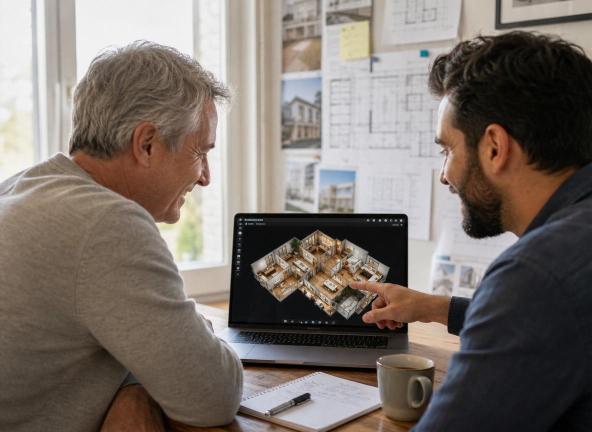 Beratungsgespräch mit 3D-Gebäudemodell