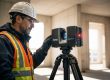 Nahaufnahme eines Technikers beim Bedienen eines Faro Focus 3D-Laserscanners auf einer hellen Rohbaustelle