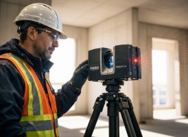 Nahaufnahme eines Technikers beim Bedienen eines Faro Focus 3D-Laserscanners auf einer hellen Rohbaustelle