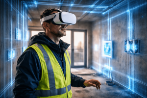 Bauprofi mit VR-Headset im Neubau