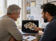 Zwei Männer im Beratungsgespräch – Spezialist erklärt 3D-Gebäudemodell auf Laptop-Bildschirm dem Kunden