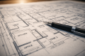 Detaillierter Architektur-Grundrissplan auf einem Lichttisch – präzise CAD-Linien und Raumbezeichnungen sichtbar