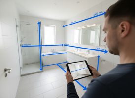 Mann mit Tablet vermisst modernes Badezimmer diagonal – blaue digitale Maßlinien zeigen präzise Abstände von Wänden, Dusche und Badewanne
