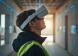 Techniker mit VR-Headset steht in einem Rohbau und erlebt eine virtuelle Begehung mit blauen AR-Overlays an den Wänden